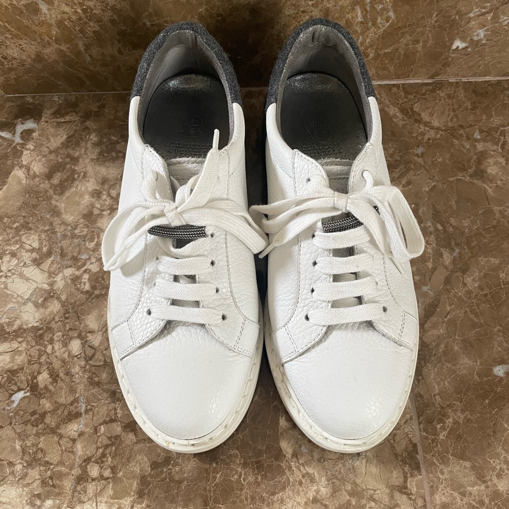 Brunello Cucinelli Grey Wool and White Leather Platform Sneakers Size 36 EUC